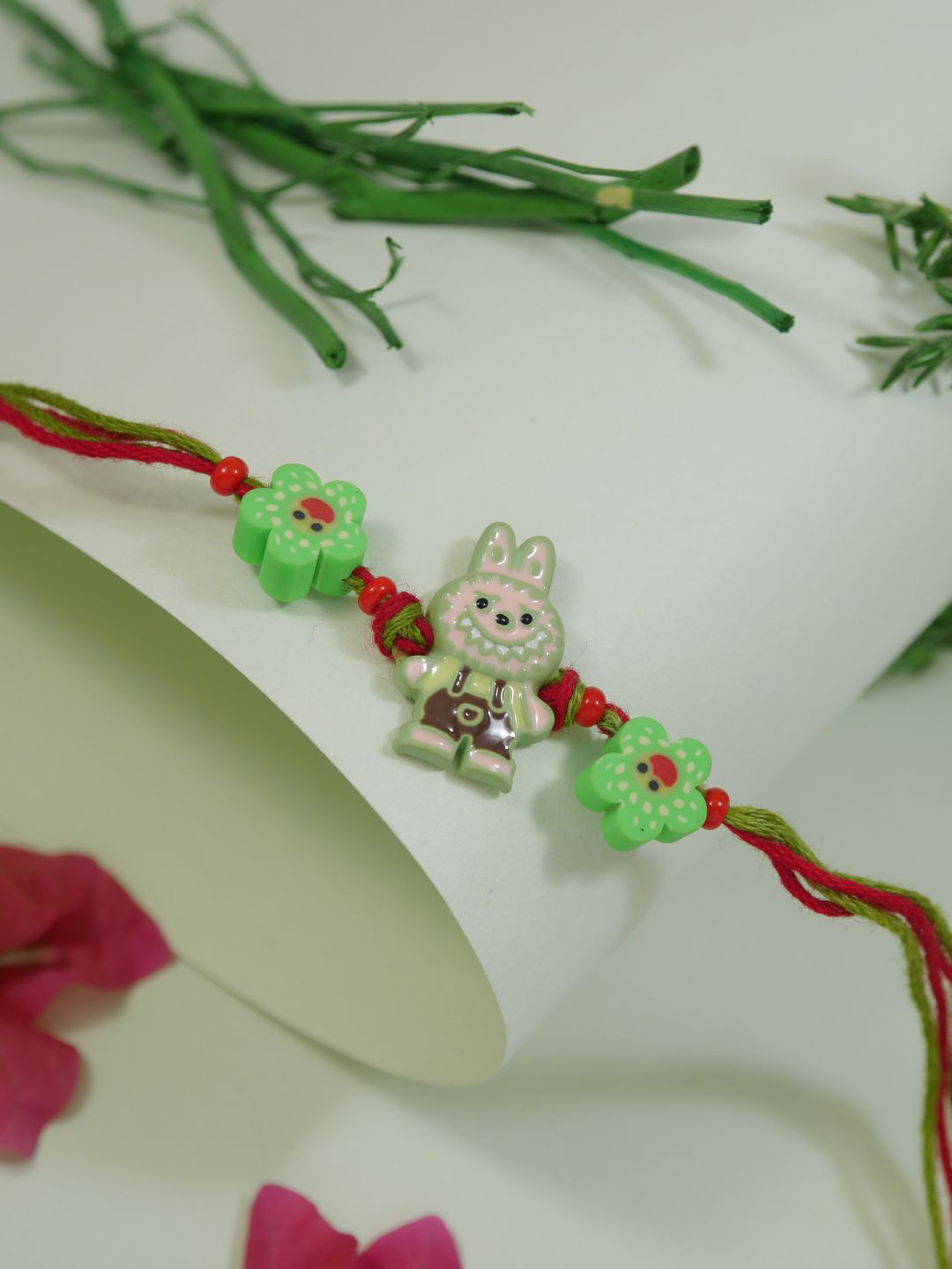 I Jewels Kids Green & Red Rakhi with Greeting Card & Roli Chawal
