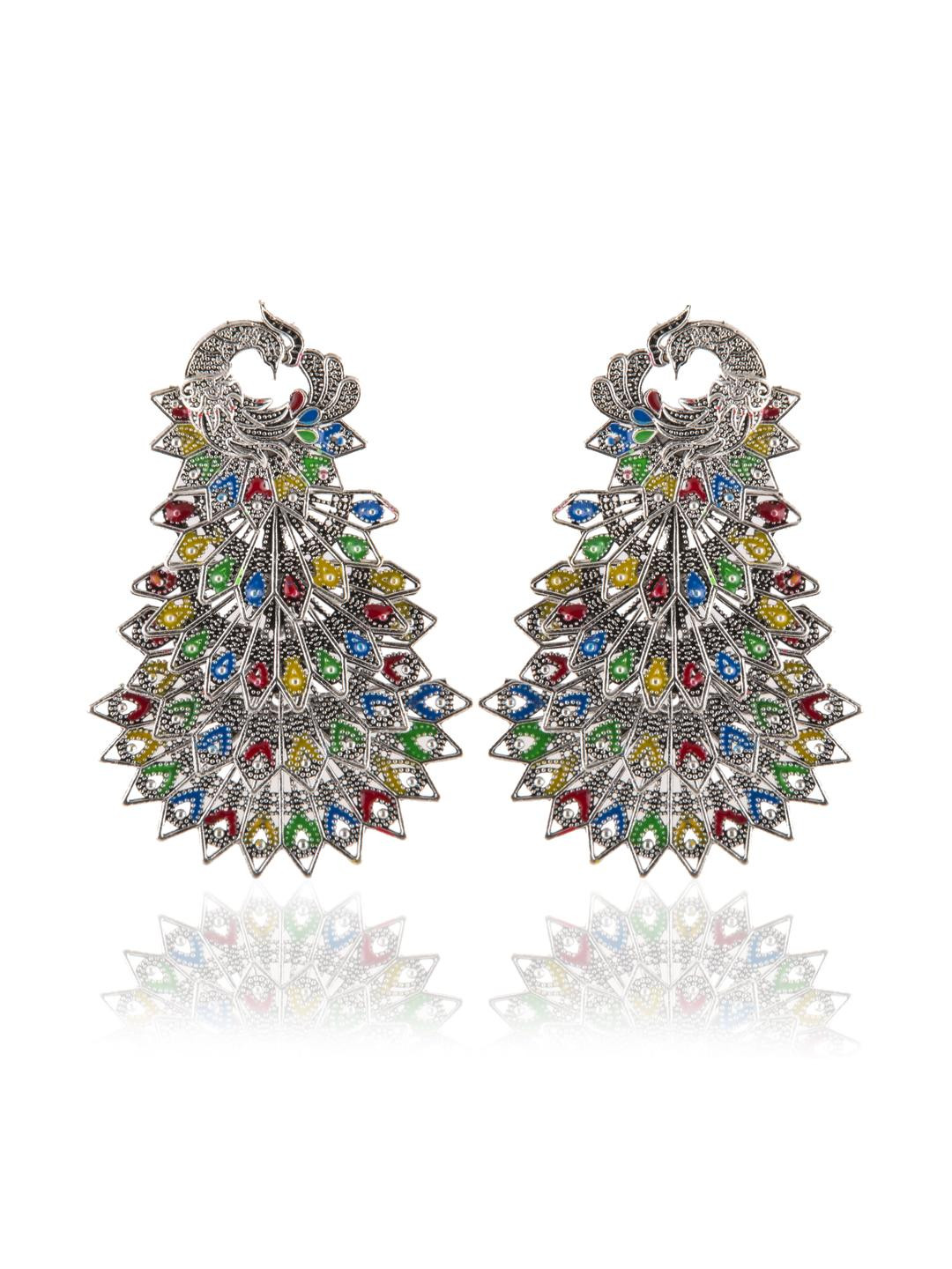 Creative Frogs Women Silver Peacock Shaped Chandbalis Earrings