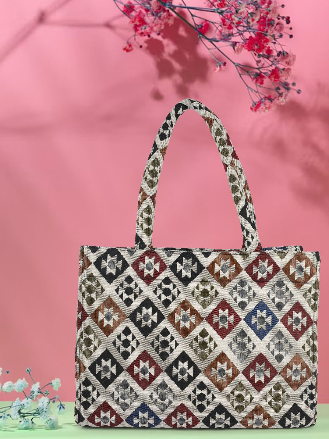Abbana Geometric Printed Jute Structured Tote Bag with Cut Work