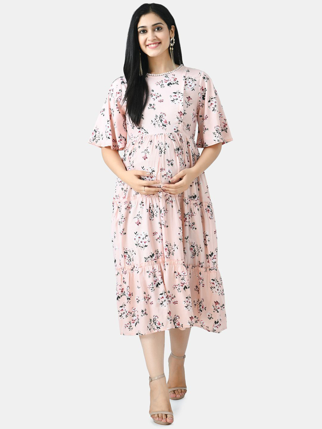 Aaruvi Ruchi Verma Women Pink Floral Printed Rayon Maternity & Nursing Loungewear Dress
