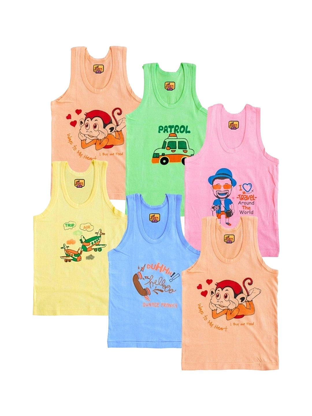 NEW TRINATH HOSIERY Kids Pack Of 6 Printed Cotton Basic Vests KR 1-2Y