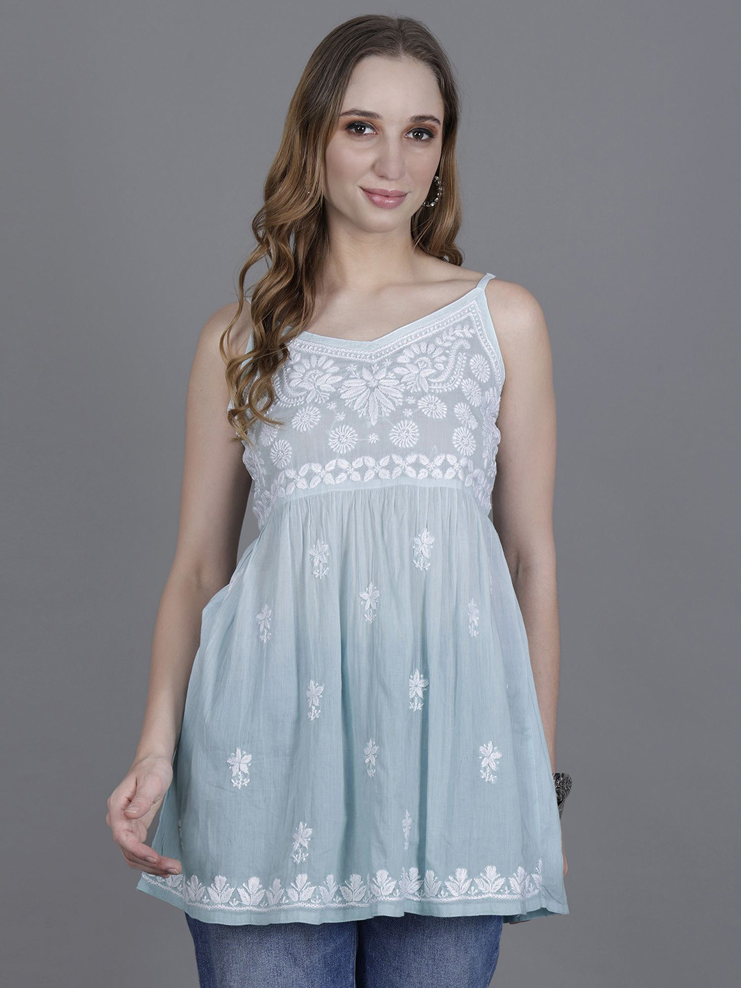 NAZAQAT ETHNIC INDIA Women Ombre Chikankari Embroidered Mulmul Cotton A-Line Top
