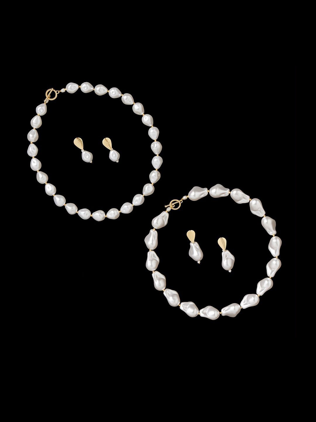 AMI Set Of 2 Gold Toned Baroque Pearls-Studded Toggle Jewellery Set