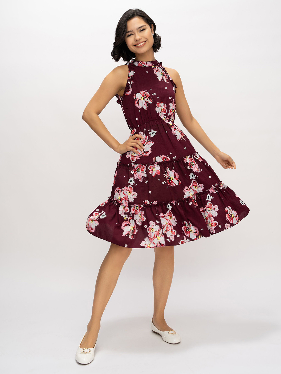 AASK Women Wine Printed Delta Crepe Fit and Flare Knee Length Dress