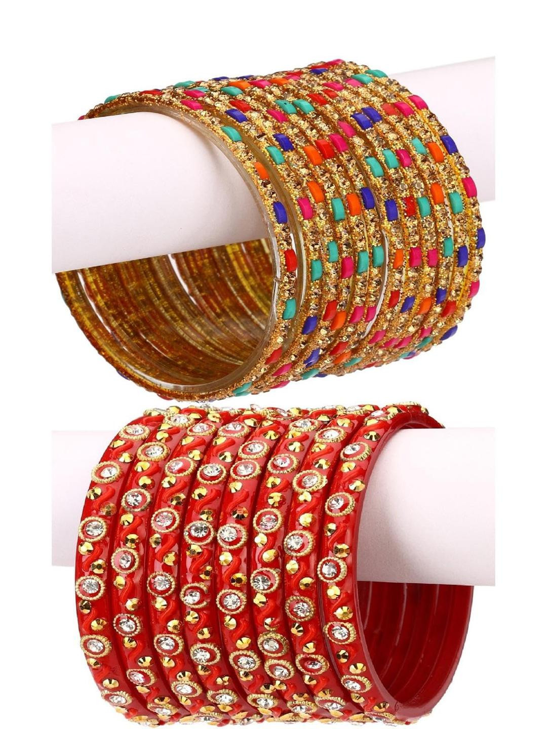 Somil Stylish Glass & Fancy Bangle/Kada Multicolor & Red, Combo Of 2 Set