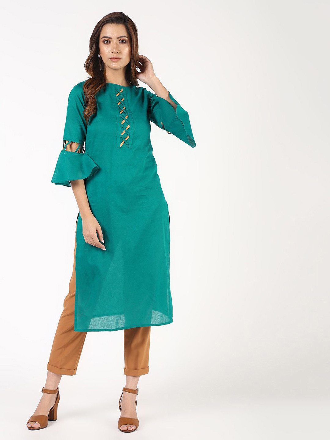 ANIYAH Geometric Yoke Design Boat Neck Pure Cotton Straight Kurta