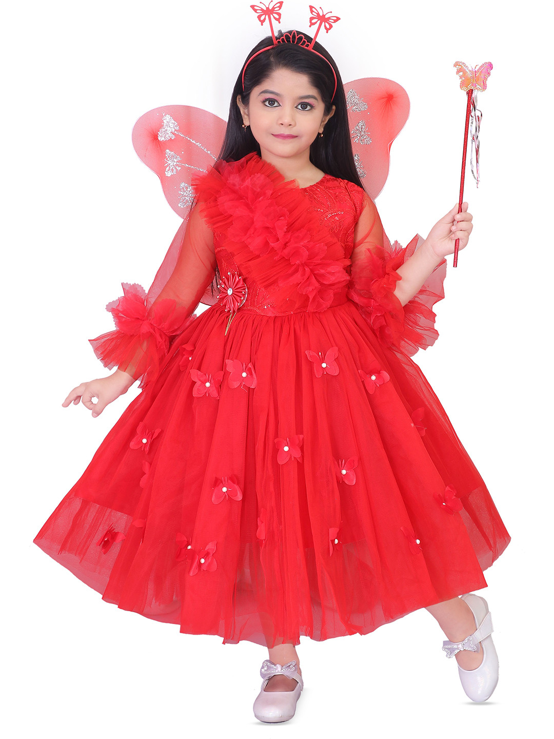 kids fashion hub Girls FloralSelf Design  Puff Sleeve Georgette Fit & Flare Dress