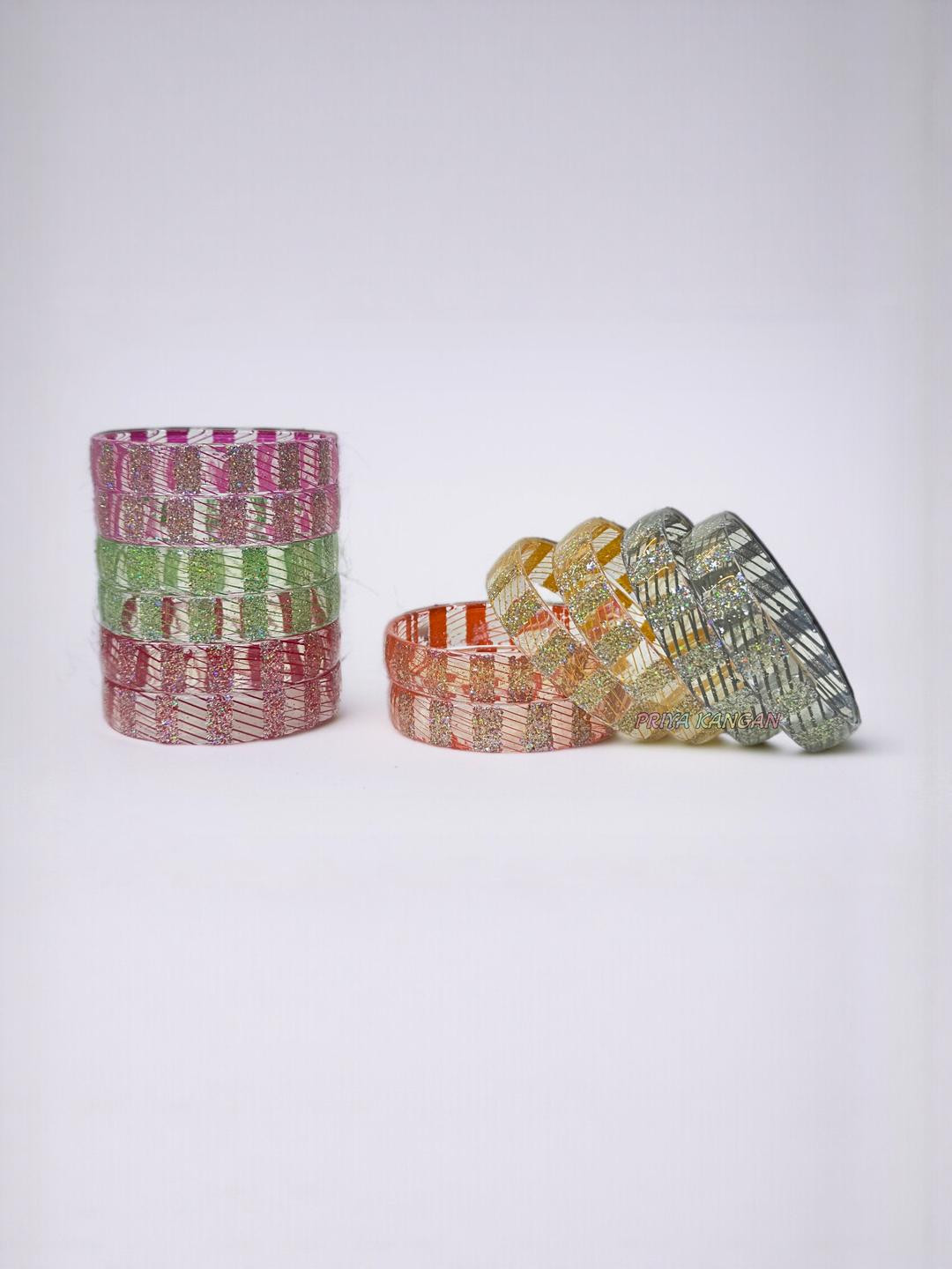 Laminated Glass Bangles, kanch kangan with Zari Work and Glitter Design, Set of 6 Colours