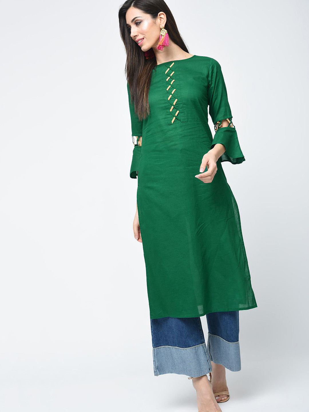 ANIYAH Geometric Yoke Design Boat Neck Pure Cotton Straight Kurta