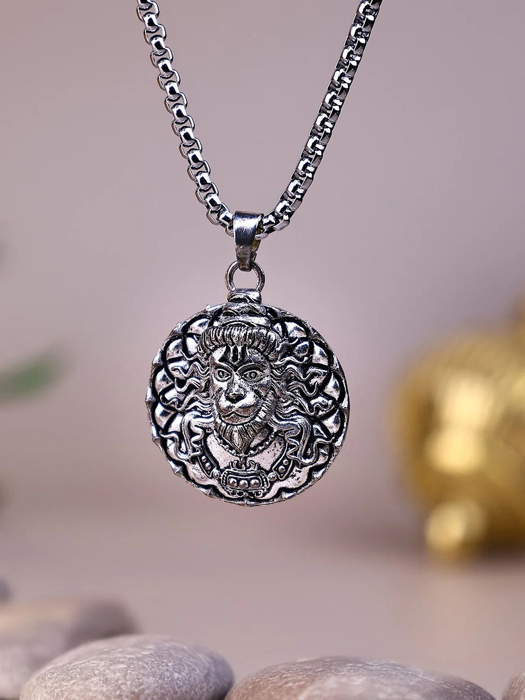 P. R. PRINTS Silver-Plated Stainless Steel Hanuman Face Pendant With Chain