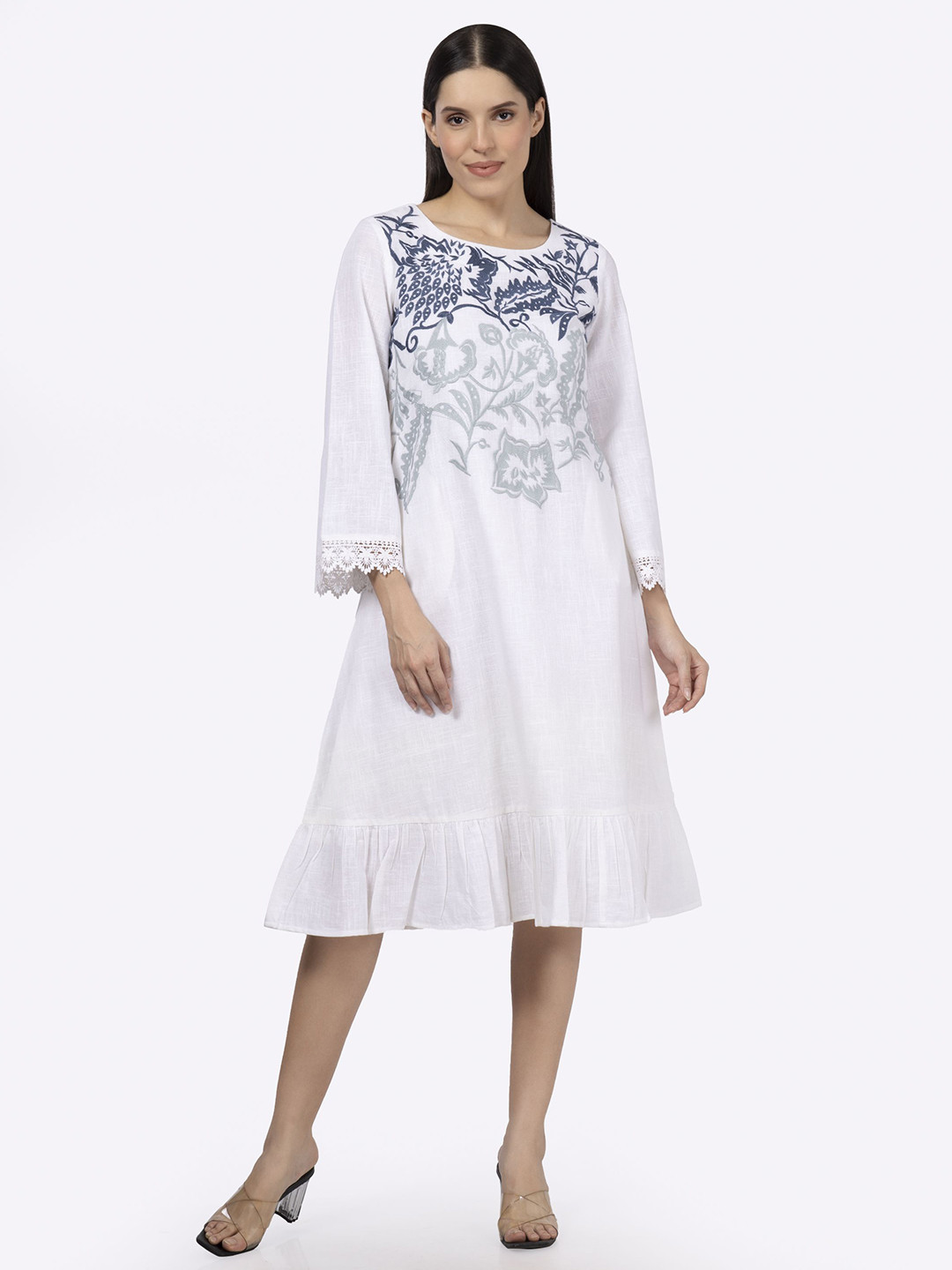 Saffron Threads Women Floral Embroidered Lace Inserts Bell Sleeve A-Line Midi Dress