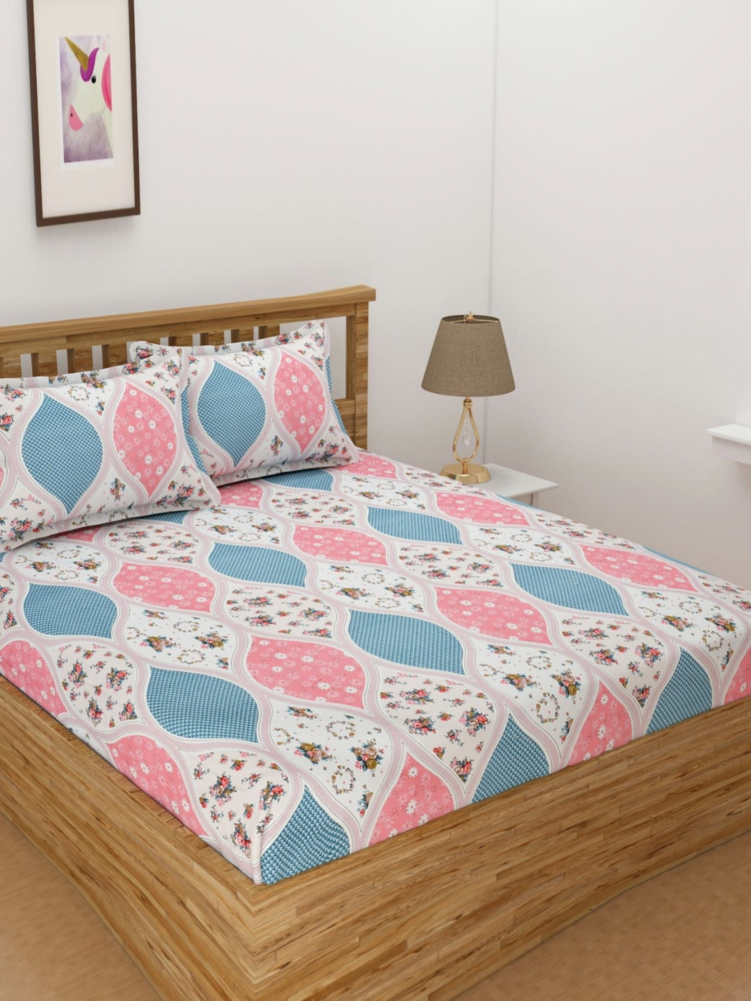 B' Decorlish Blue & White Printed 220 TC Cotton Queen Bedsheet Set 1.82 m x 1.92 m