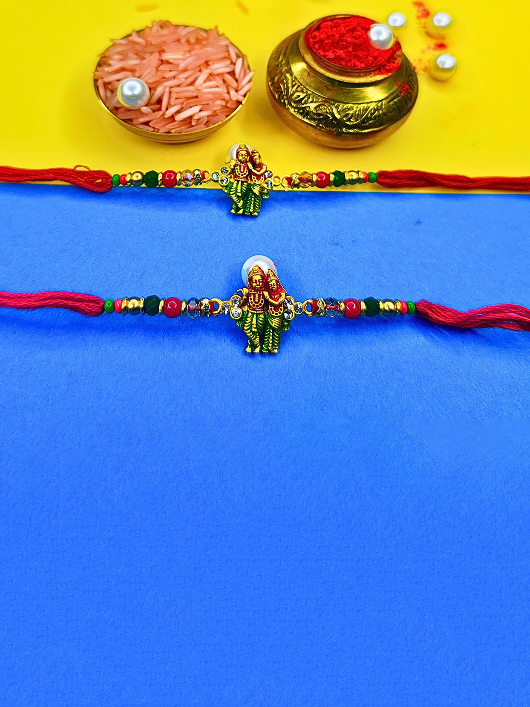 MANSIYAORANGE Set Of 2 AD Stones Studded & Beaded Cotton Thread Rakhi