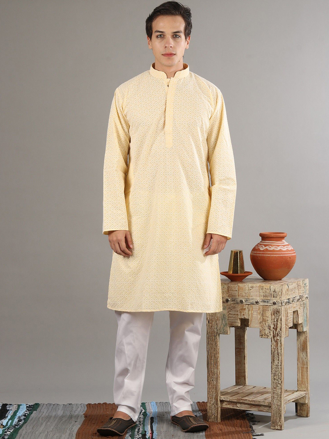 Exotic India Geometric Texture With Spiral-Diamond Element Embroidered Pale Yellow Kurta