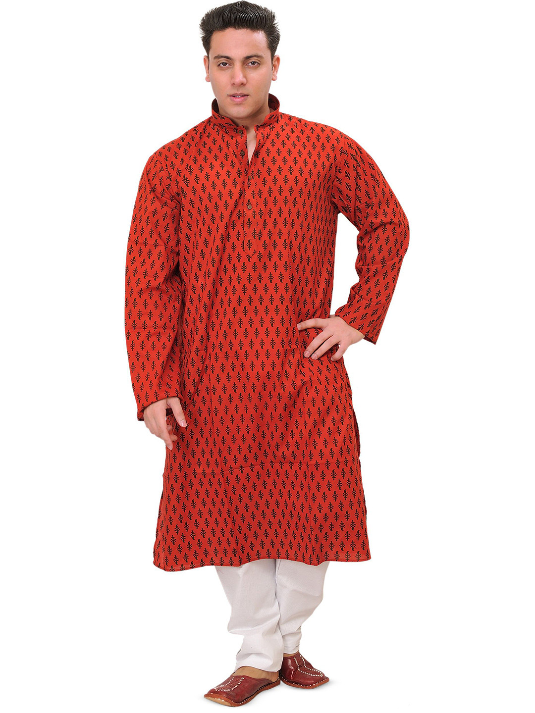 Exotic India Men Cranberry-Red Casual Cotton Kurta Pajama Set with Block-Printed Booti