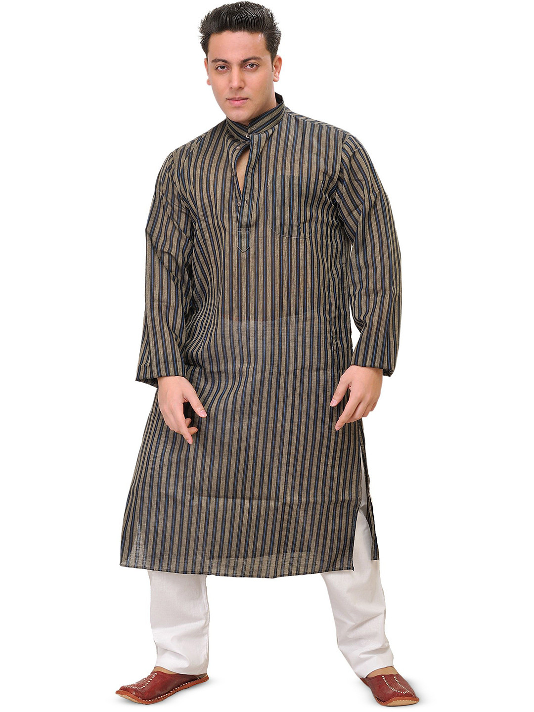 Exotic India Griffin Men Kurta Pajama with Wide Woven Stripes