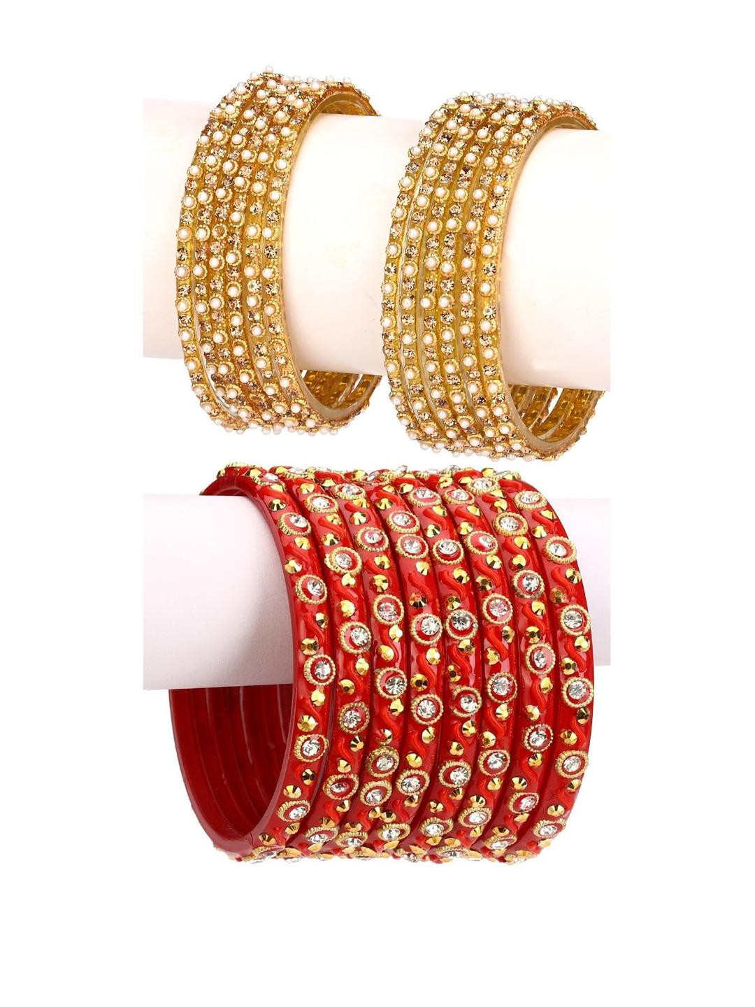 Somil Modern And Colorful Glass Bangle/Kada, Combo Of 2 Set, Golden, Red- O66