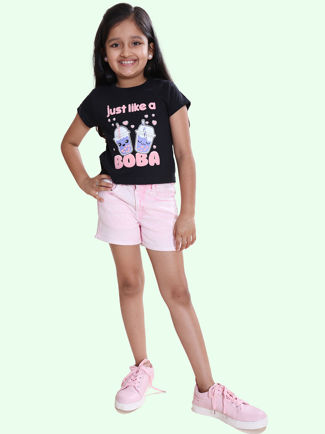 KiddoPanti Girls Boba Printed Round Neck Pure Cotton T-Shirt & Shorts