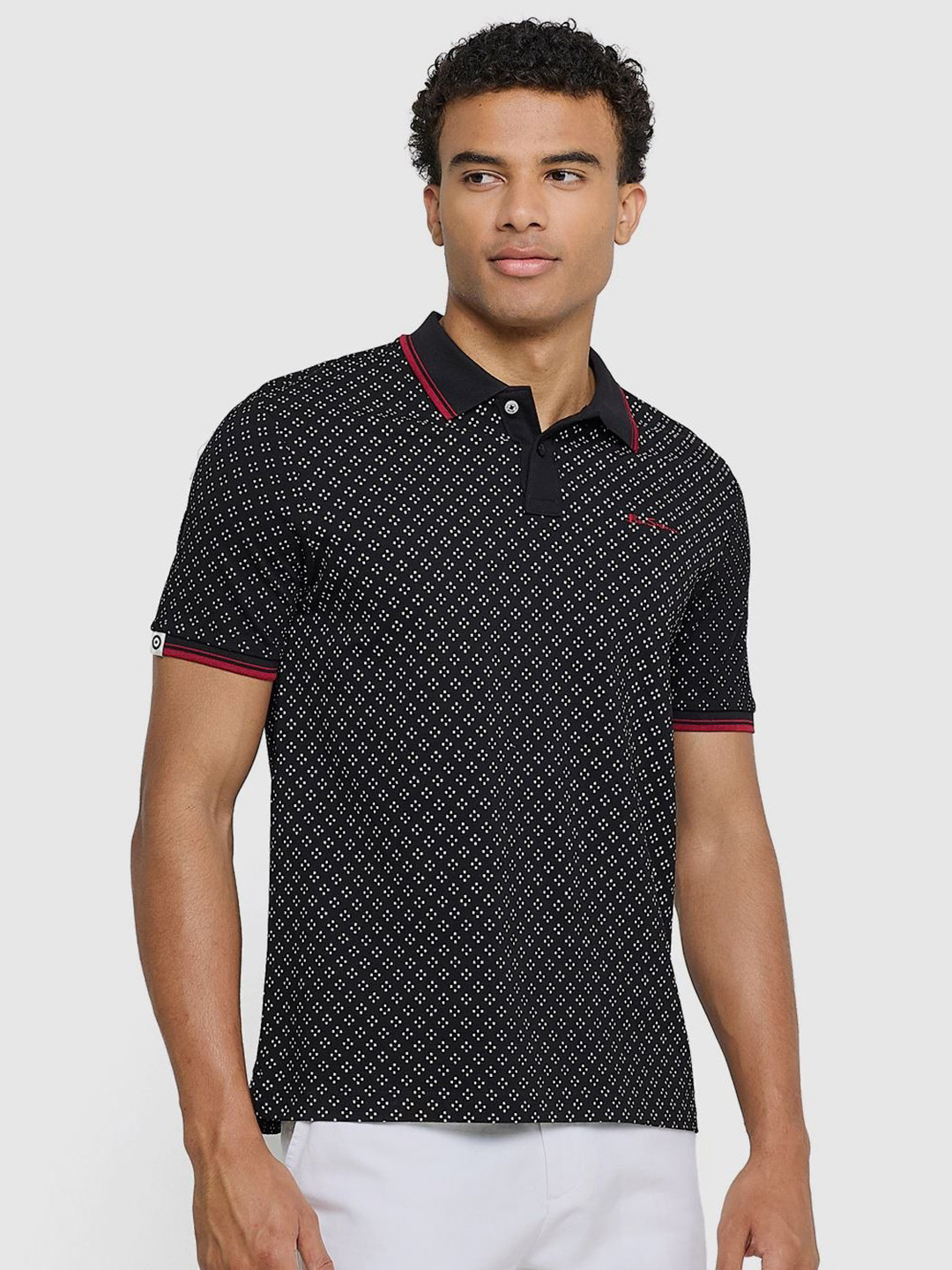 BEN SHERMAN Polka Dots Printed Polo Collar Cotton Regular Fit T-shirt