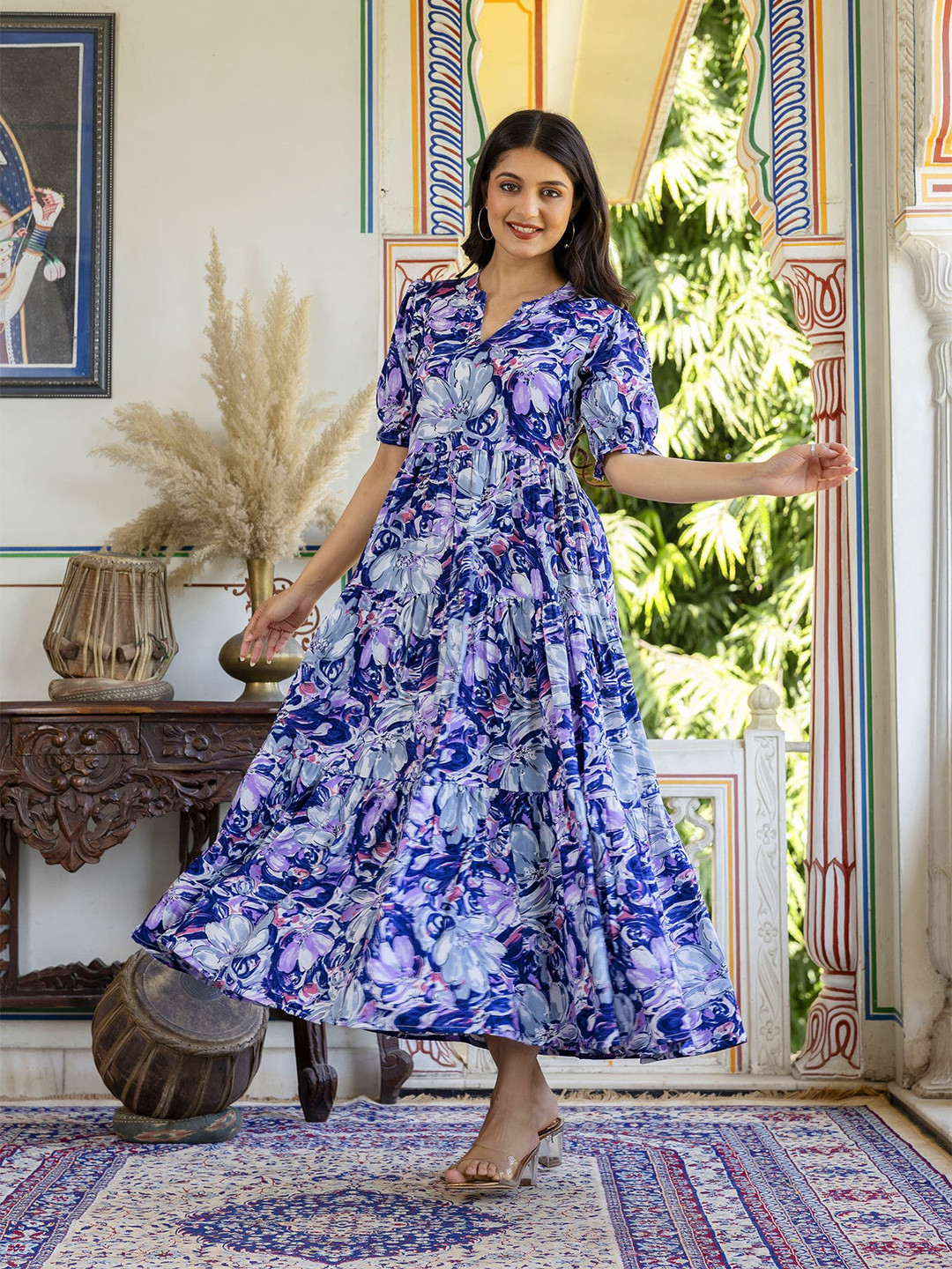 PRESHA Floral Print Puff Sleeve Fit & Flare Maxi Dress