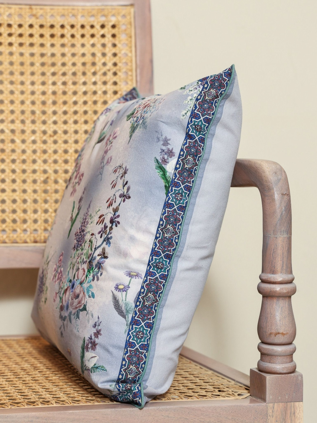 Crown of Poppies Meadow Lavender Floral Printed Cotton Square Cushion Cover