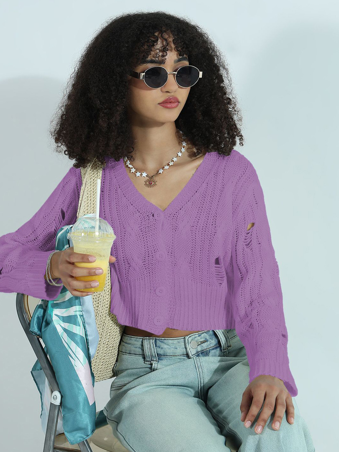 SHOWOFF Women Self Design V-Neck Distressed Crochet Crop Sweater Top