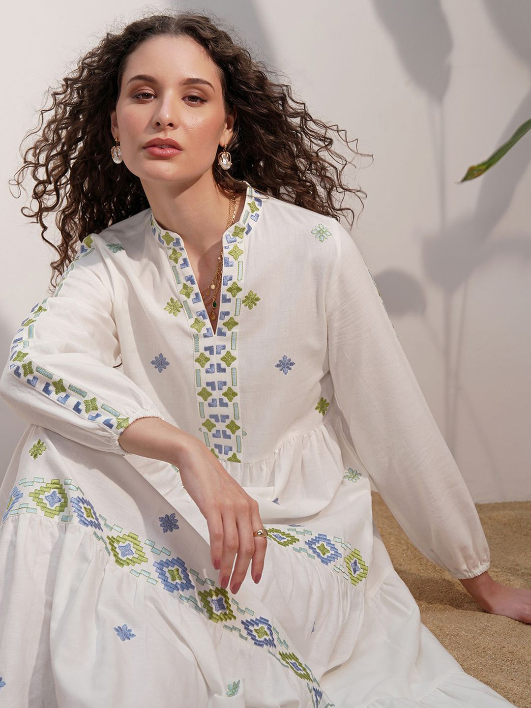 Vara By Vishudh Women Etnic Motifs Embroidered Puff Sleeve A-Line Midi Dress