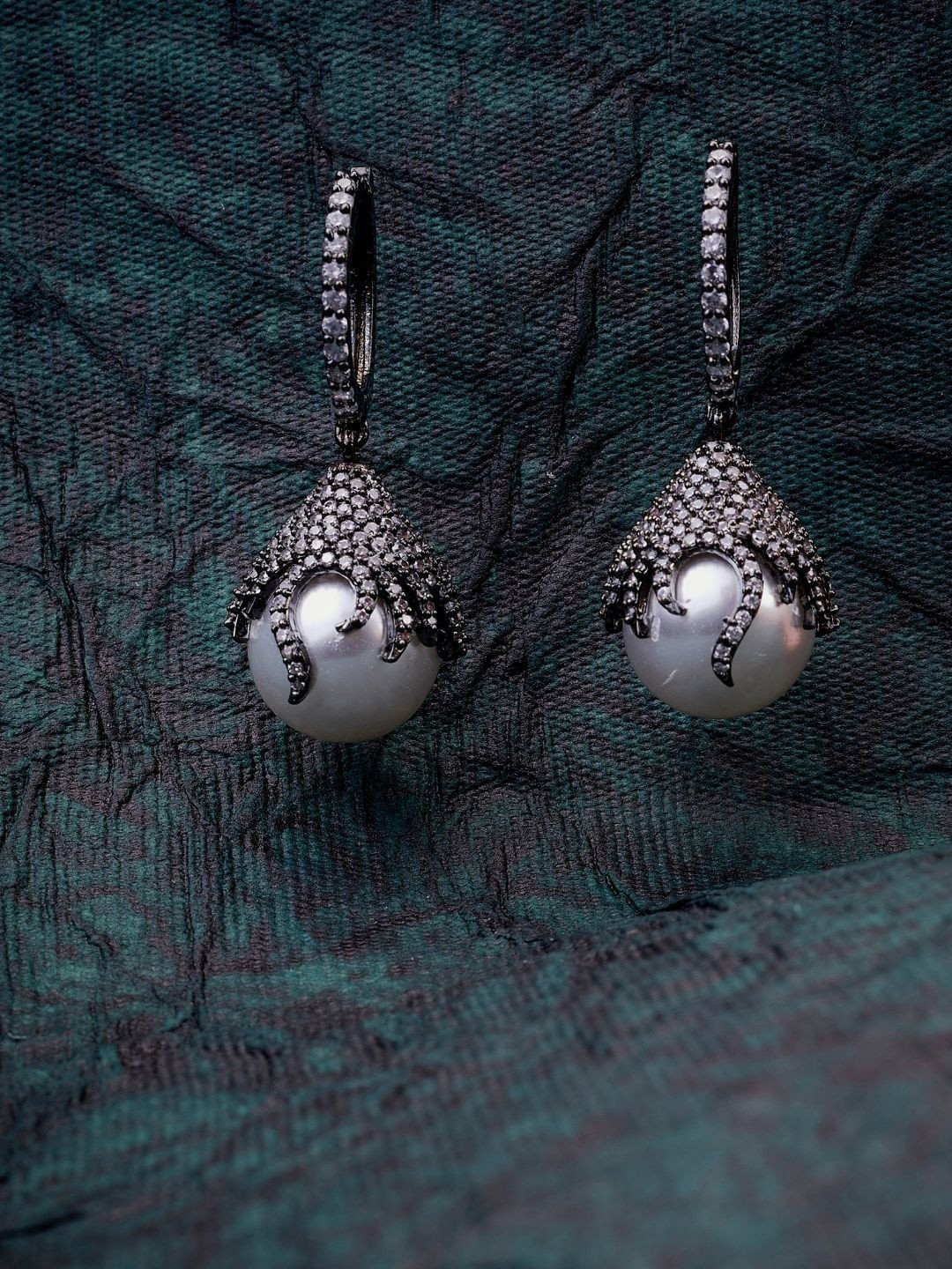 Opal Touch Cubic Zirconia Studded Oxidised Spherical Hoop Earrings