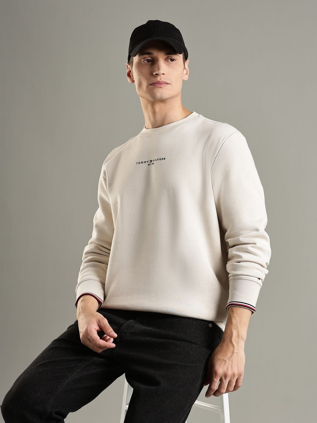 Tommy Hilfiger Men Brand Logo Printed Round Neck Regular Fit Cotton Pullover Sweatshirt