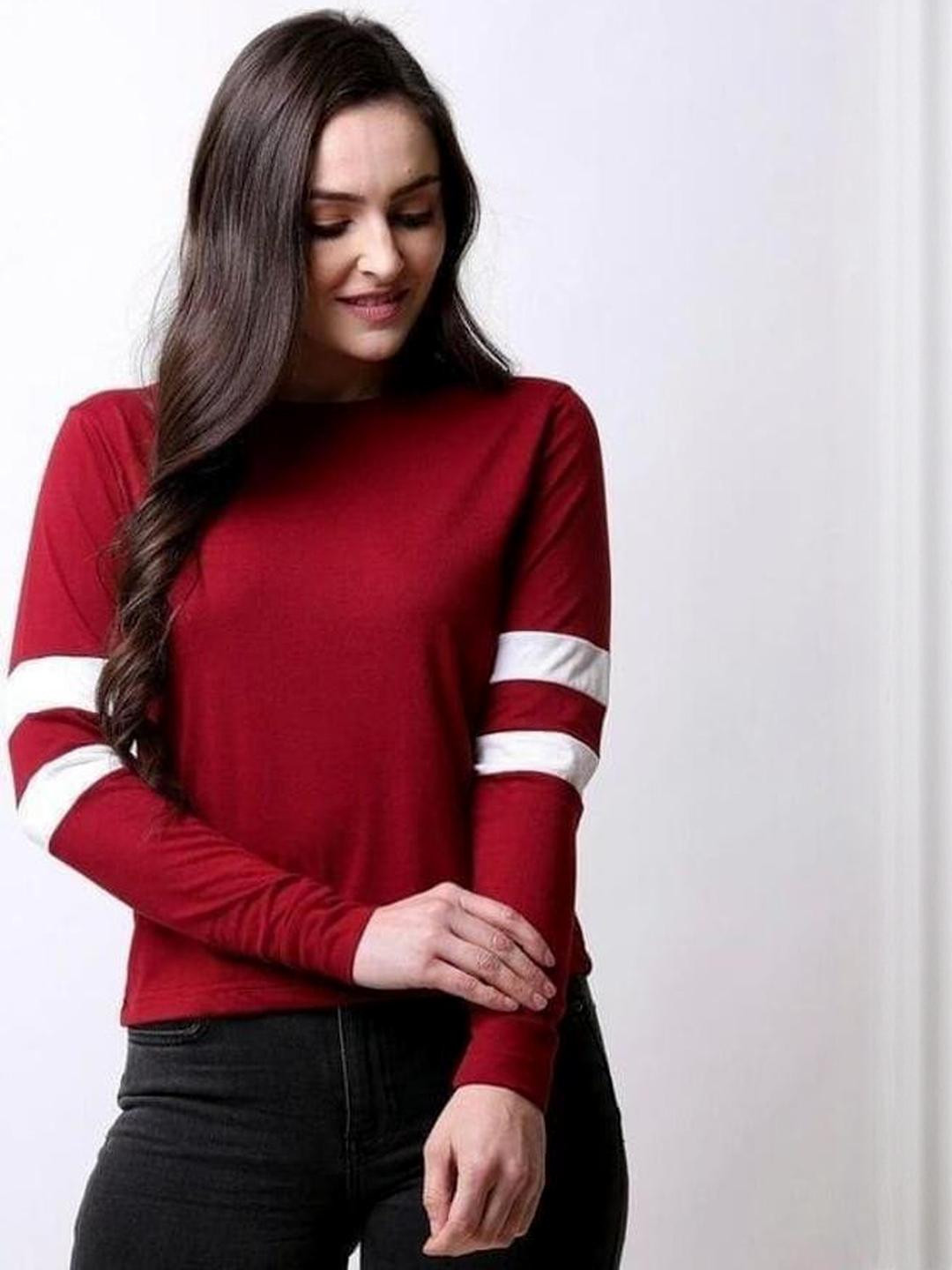 PINOVO Women Maroon Pure Cotton Long Sleeve T-shirt