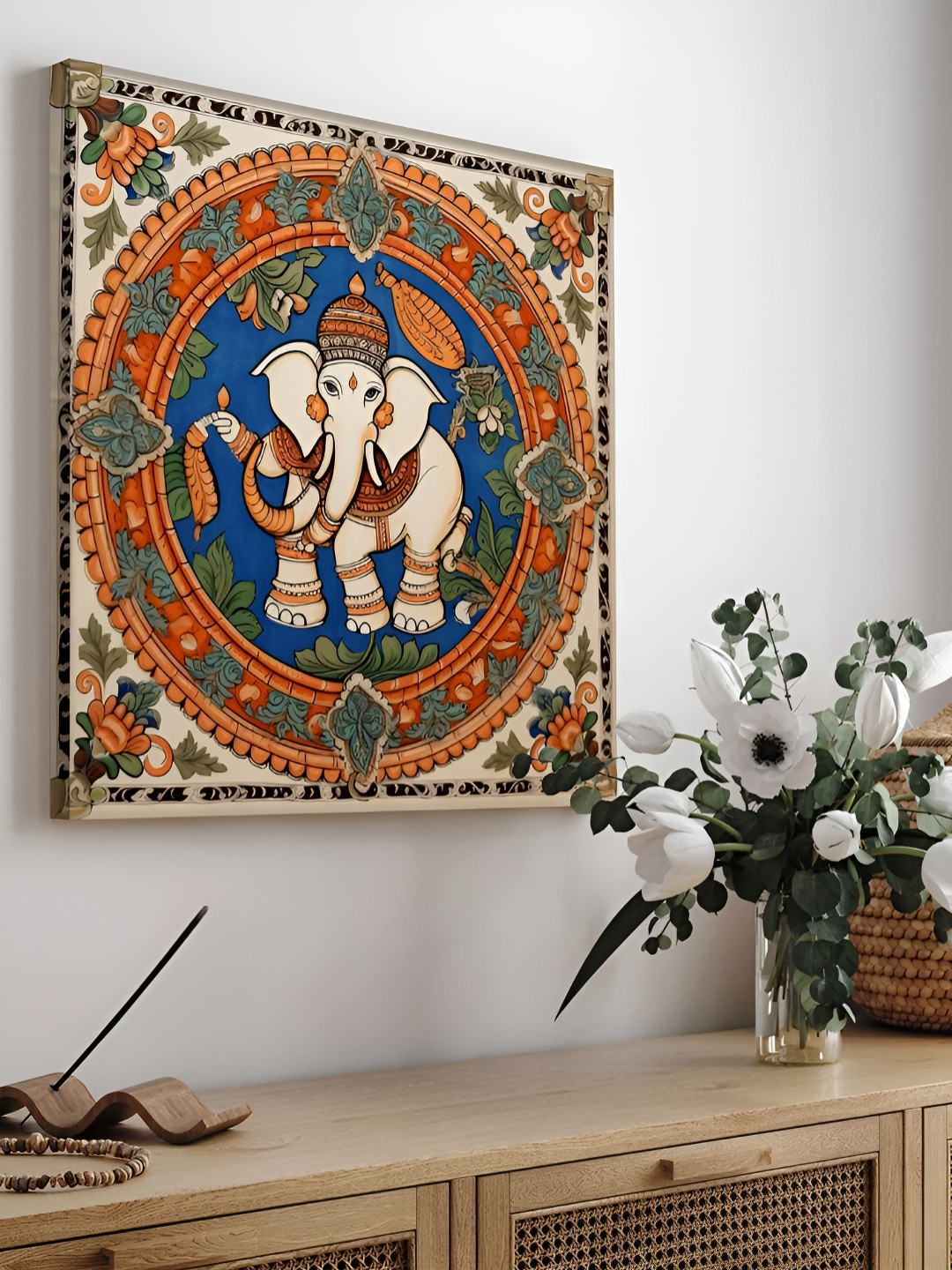 Art Street Beige & Blue Madhubani Art Lord Ganesha Canvas Wall Art