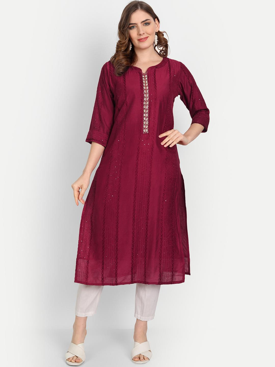 4u Fashion Women Floral Embroidered Sequinned Cherry Red Chanderi Silk Kurta