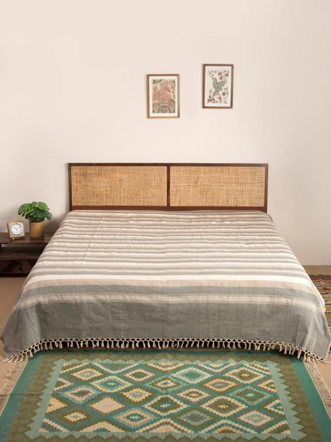 Fabindia Sangam Beige & Grey Striped Woven Double-Queen Bed Cover