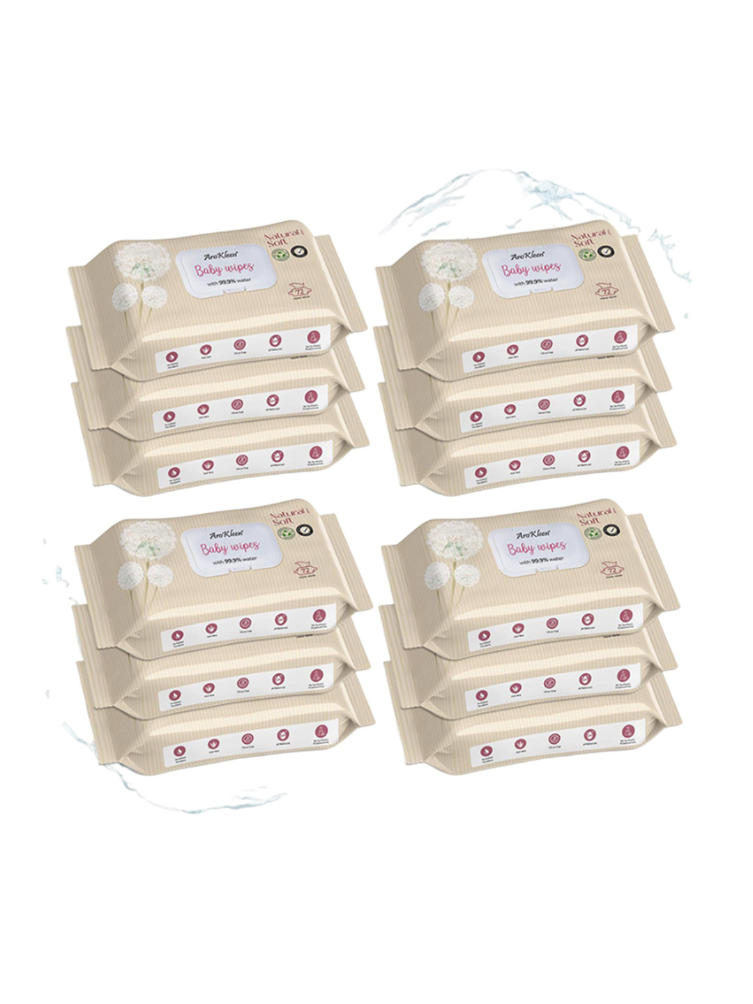 Arokleen Set Of 12 Baby Wipes With 99% Water- 72 Pcs Each