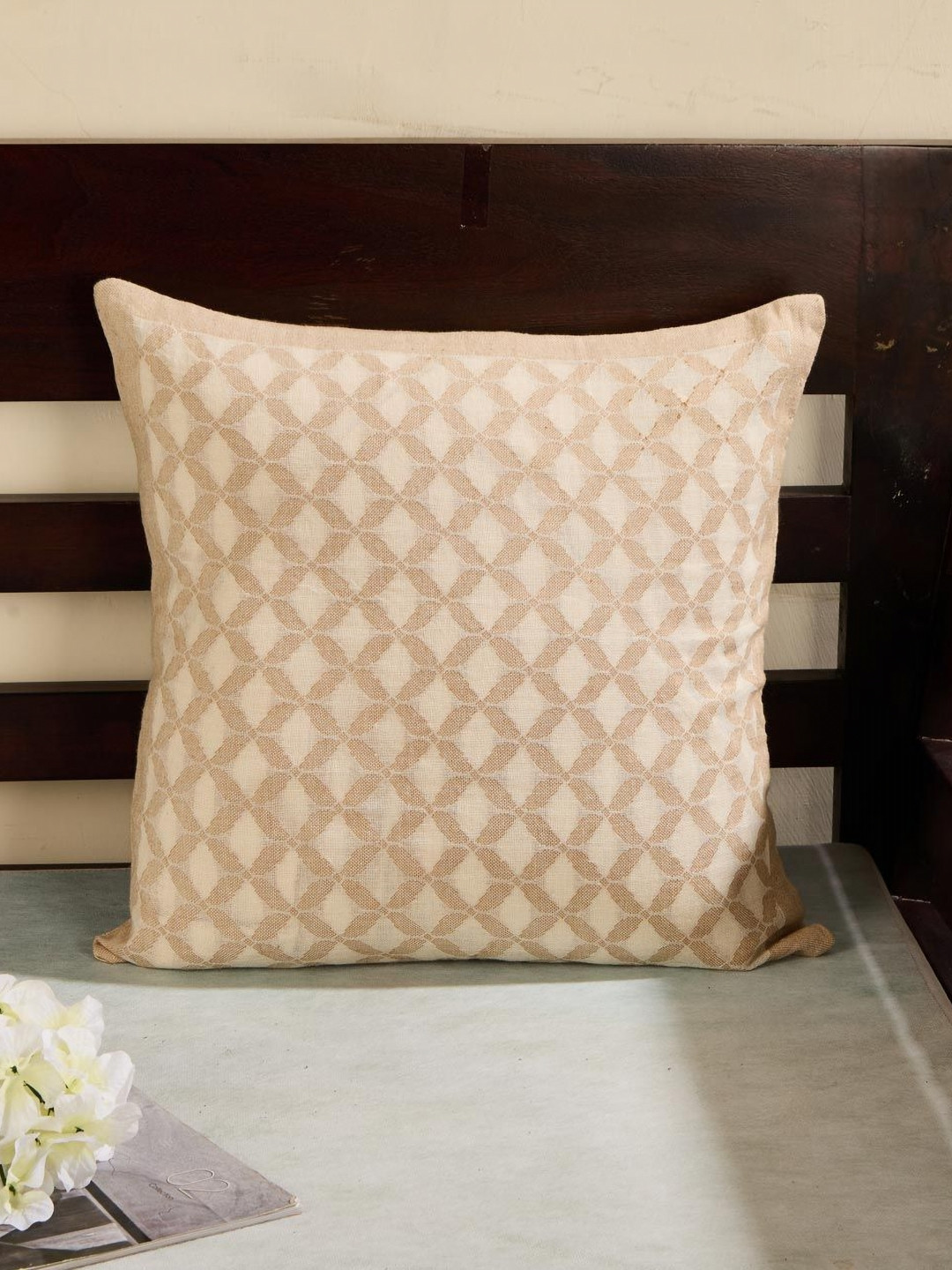 Fabindia Beige Aminari Geometric Printed Square Cotton Cushion Cover