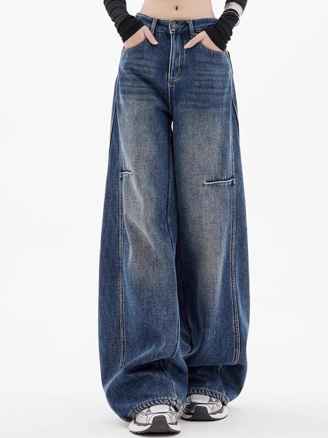 StyleCast Retro Women Comfort Wide Leg Slash Knee Acid Wash Stretchable Cotton Jeans