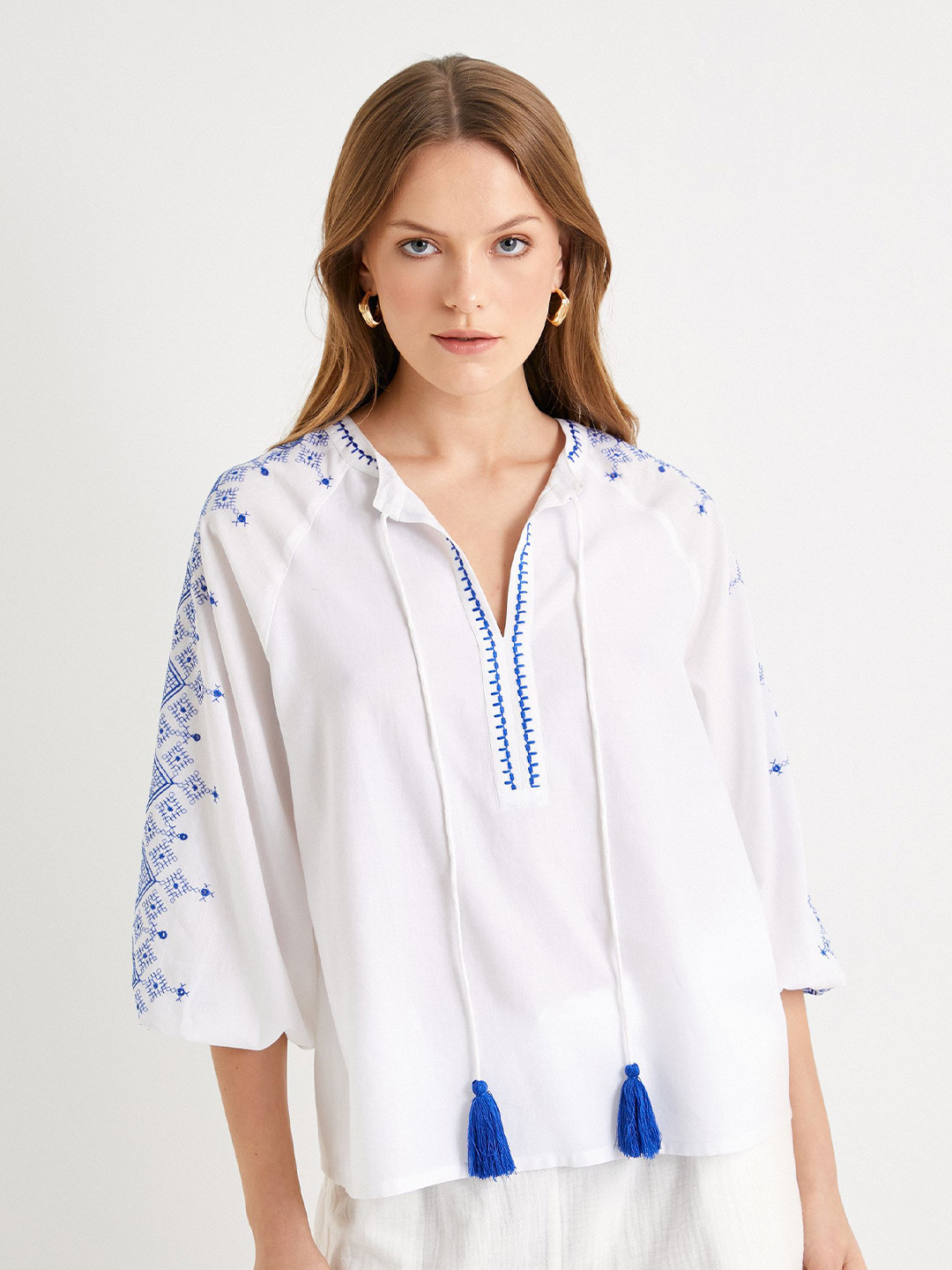 Koton Women Mandarin Collar Cotton A-Line Top