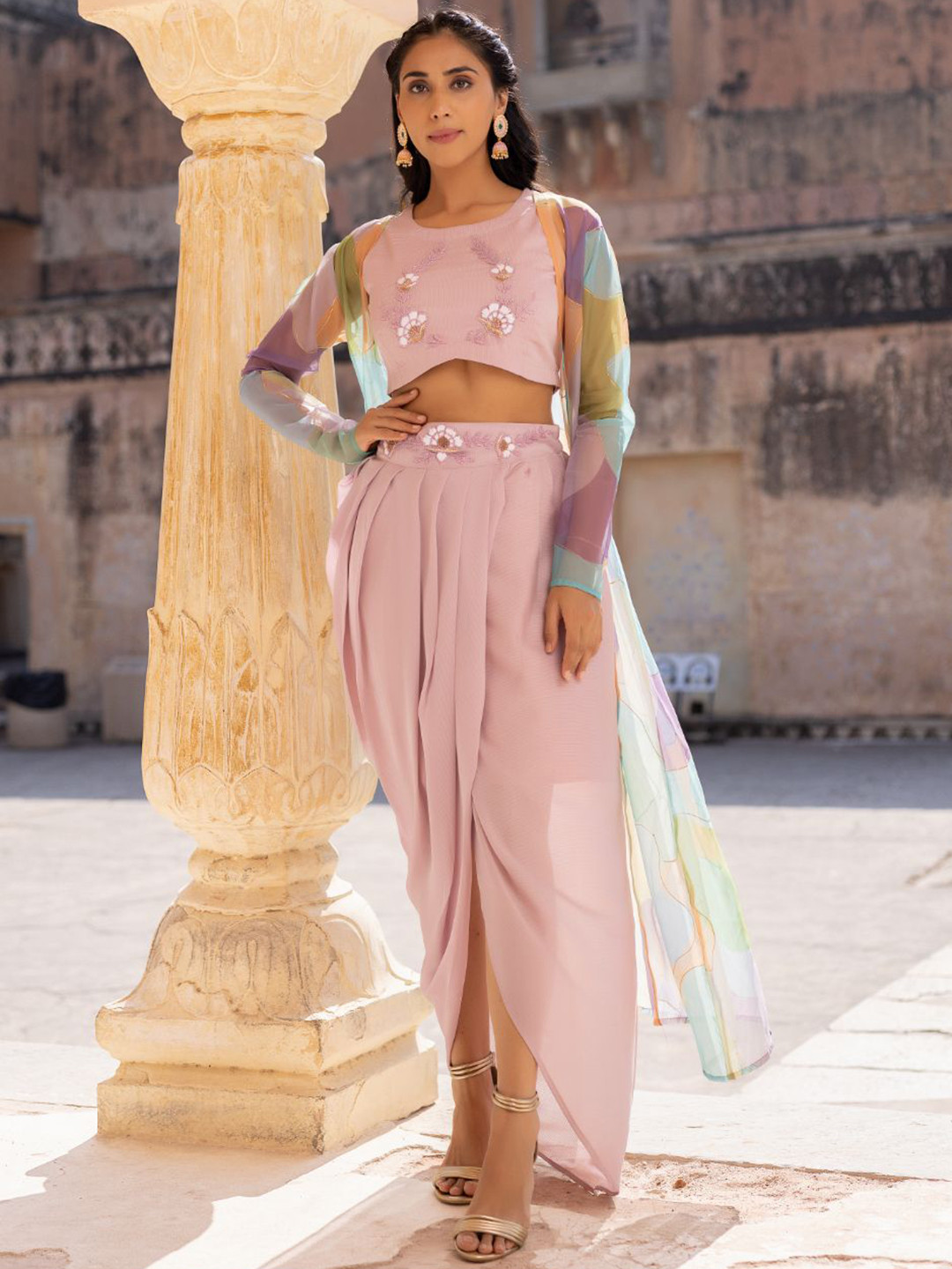 Ragavi Embroidered Top & Tulip Skirt With Shrug Co-Ord Set