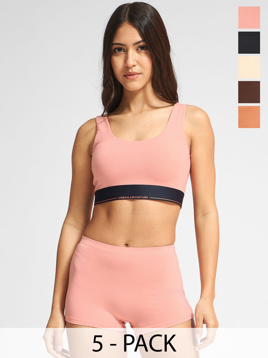 URBAN ADVENTURE Women Pack of 5 Mid-Rise Boyshorts Briefs 5UAW-019(BLK-BEIGE-NUDE-CHOC-PIN