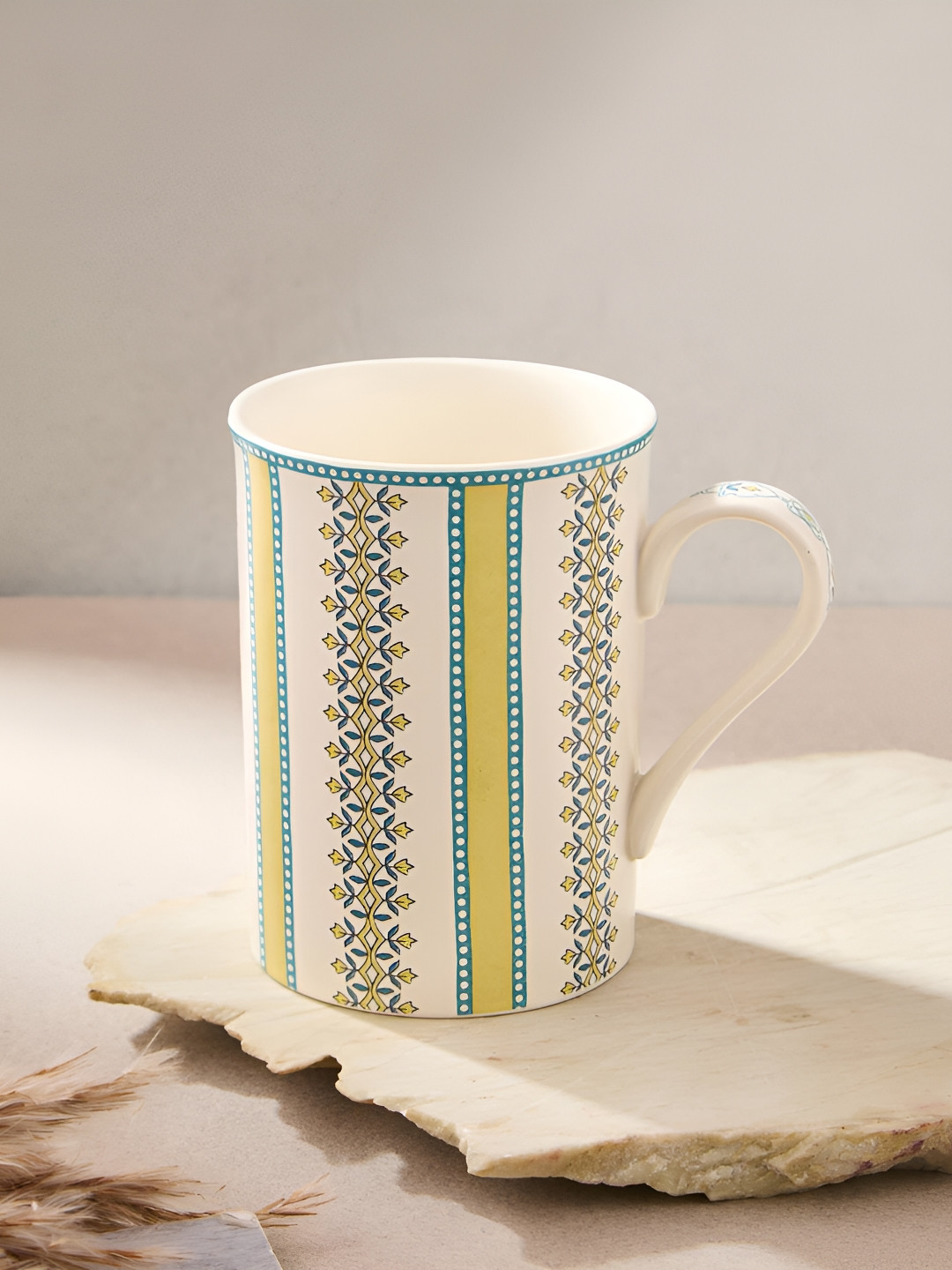 Fabindia Sangam White & Green Printed Dishwasher & Microwave Safe Ceramic Glossy Mugs