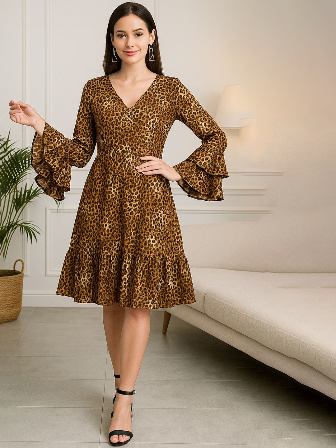 MARC LOUIS Women Animal Printed Bell Sleeve Crepe Fit & Flare Dress