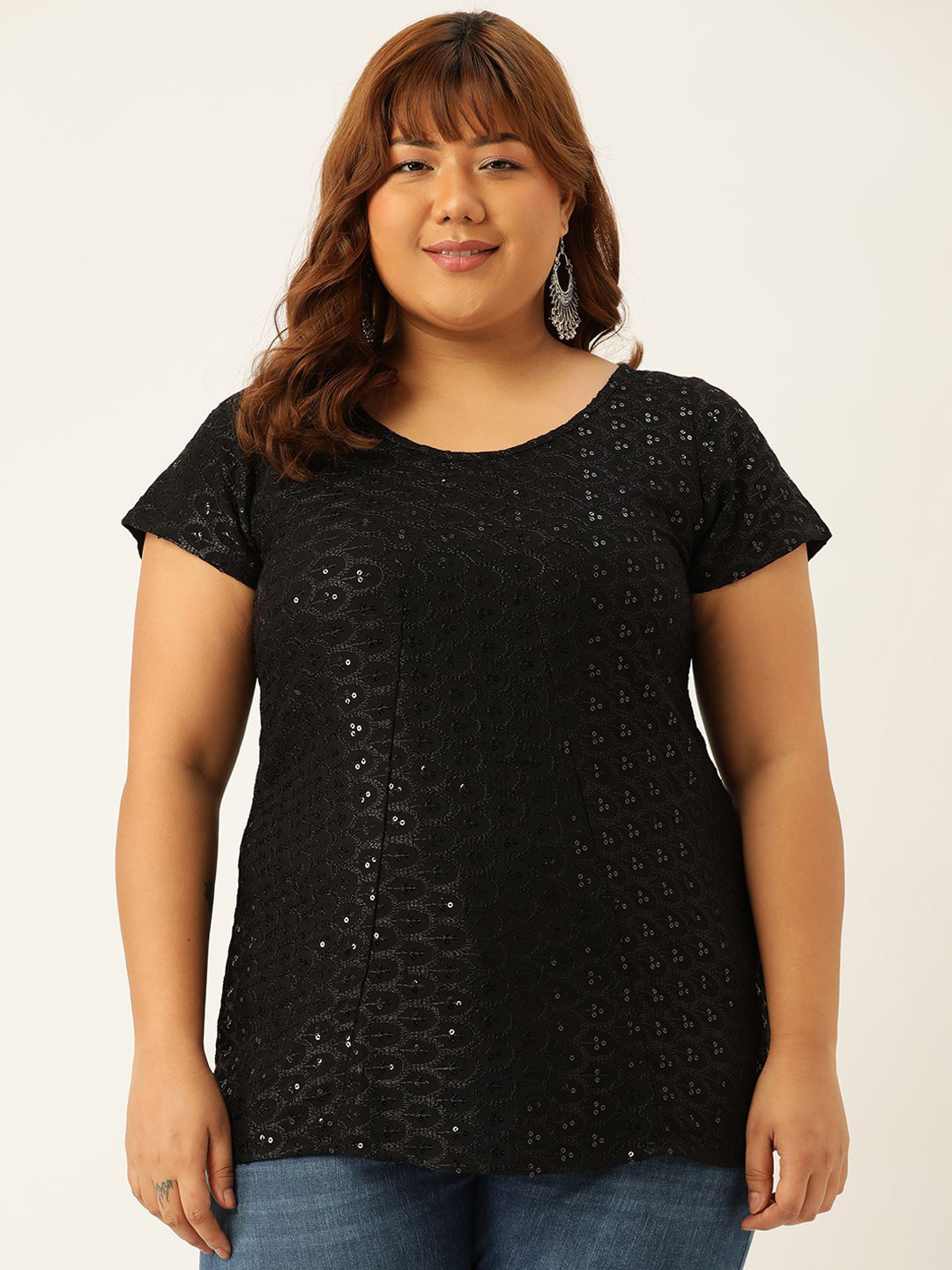theRebelinme Women Plus Size Embellished Sequined Regular Top
