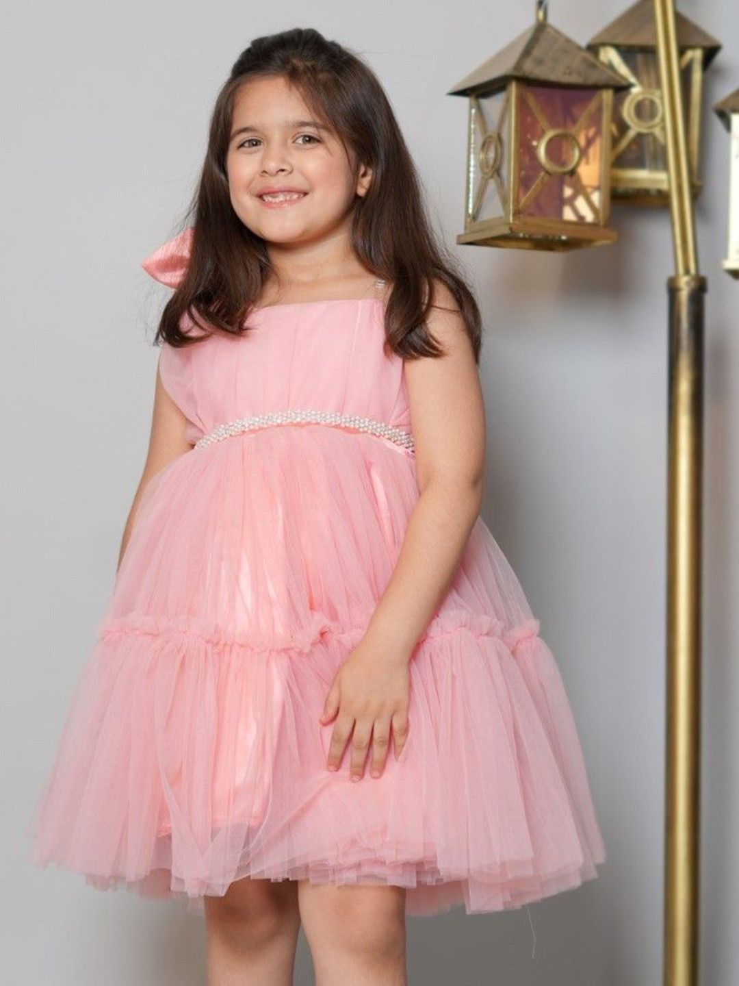 Bella Moda Girls Gathered or Pleated One Shoulder Shoulder Straps Net Fit & Flare Dress