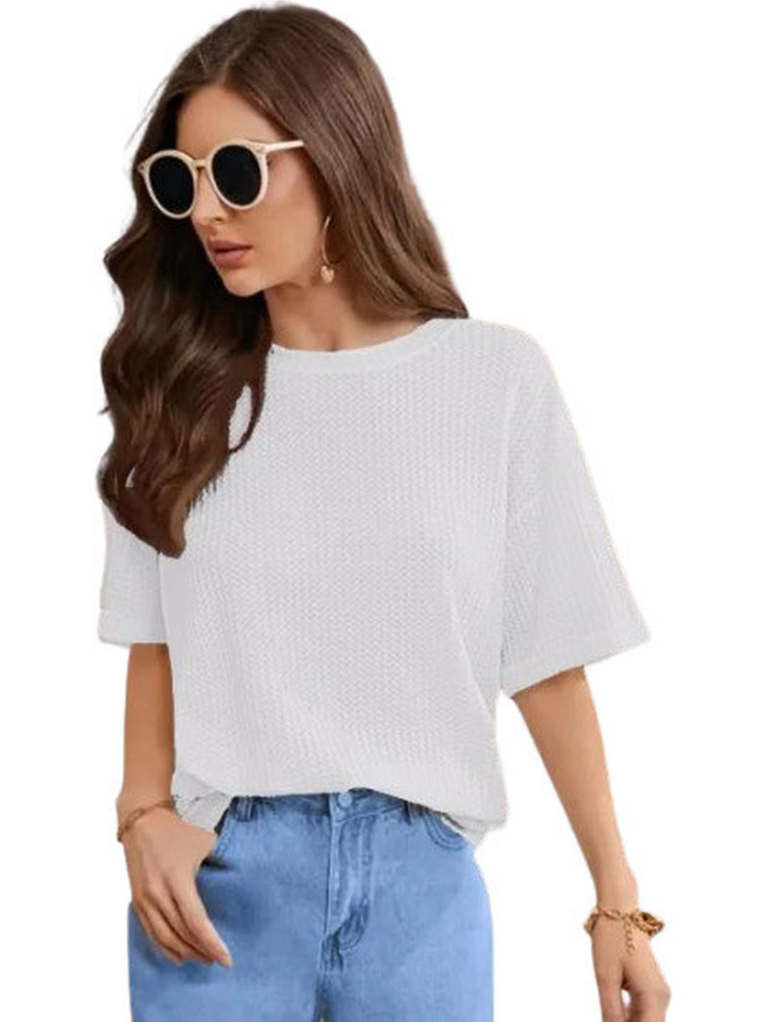 PINOVO Women's White Drop Shoulder Round Nek T-shirt