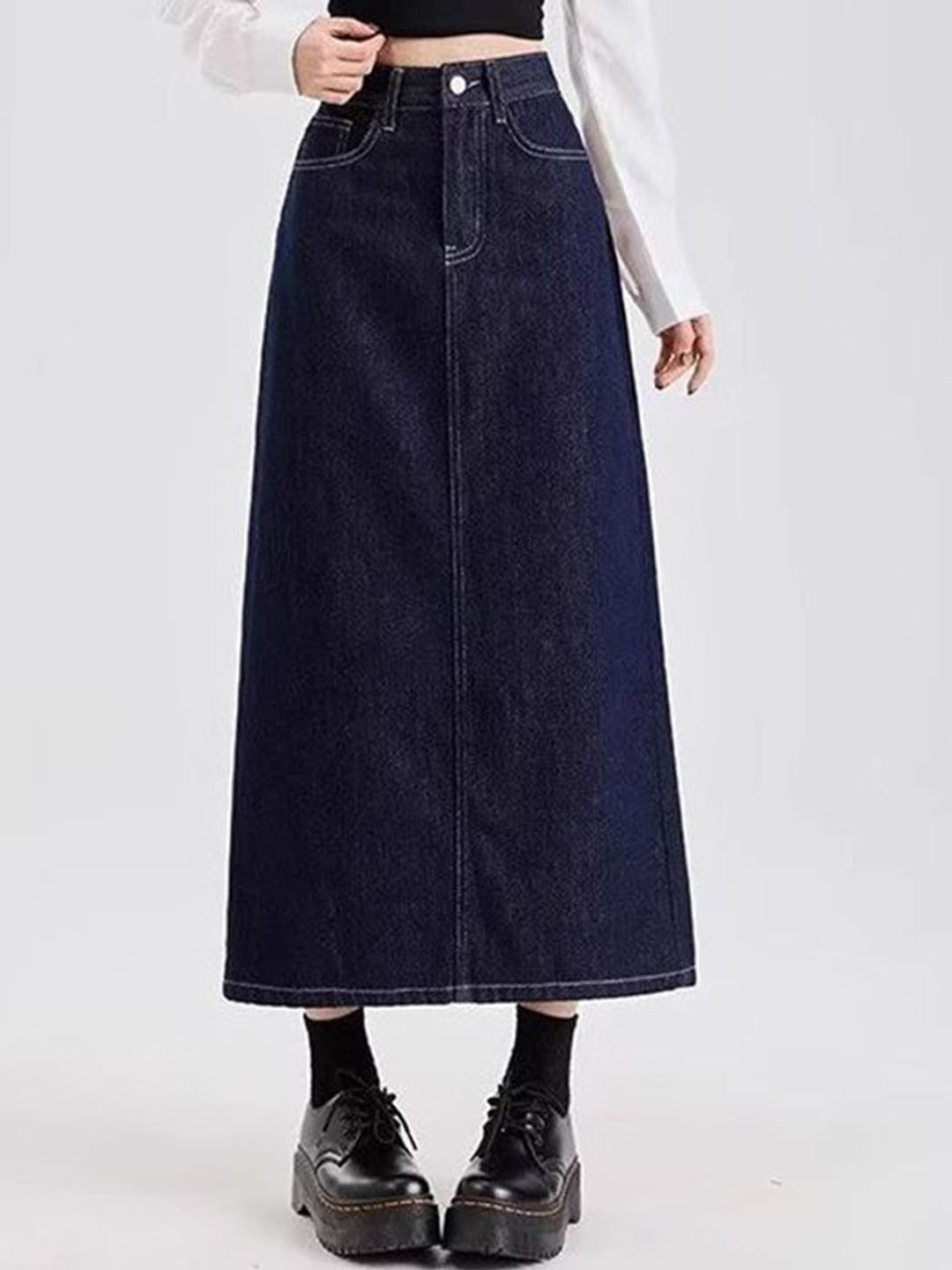 StyleCast x Revolte Denim Back-Slit Straight Midi Skirt