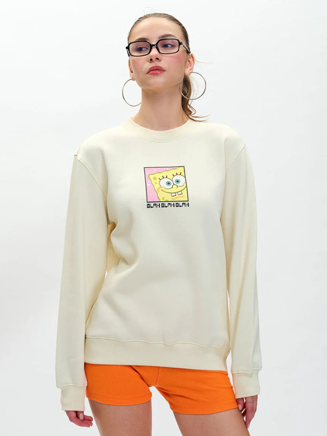 Bonkers Corner Women Off White SpongeBob Printed Sweatshirt