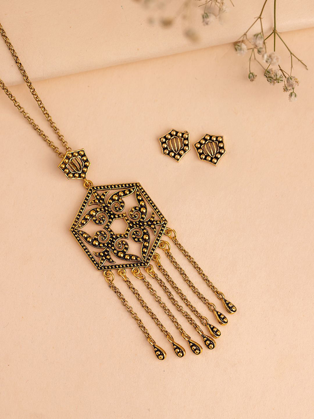 Voylla Gold-Plated Fringes Dramatic Fringe Pendant Set