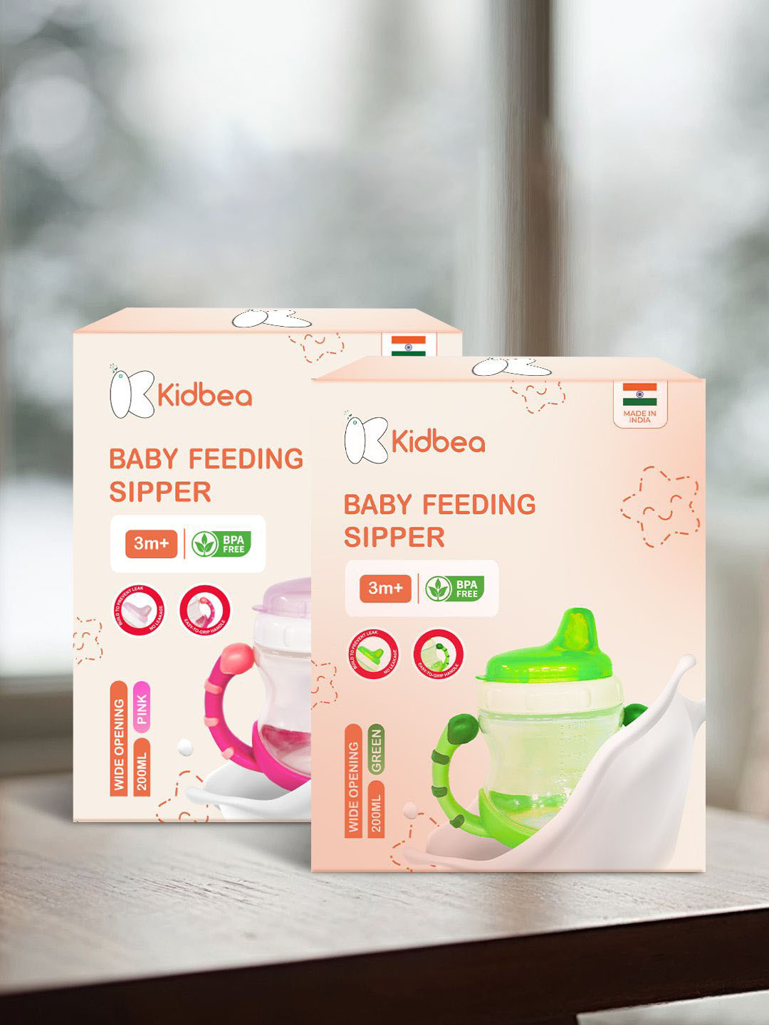 Kidbea Infants 2-Pcs Green & Transparent BPA Free Baby Sippers 200ml Each