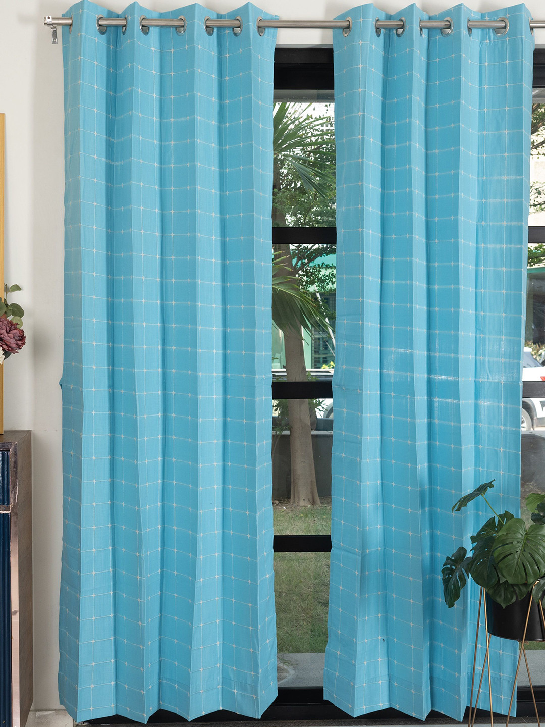 URBAN SPACE Blue & White 2 Pieces Pixel Checks Cotton Long Door Curtains