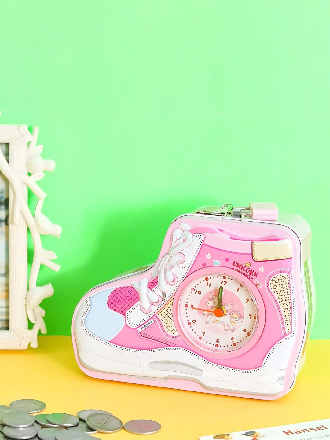 YK Pink Shoe Pattern Coin Bank with Alarm Clock 1PC